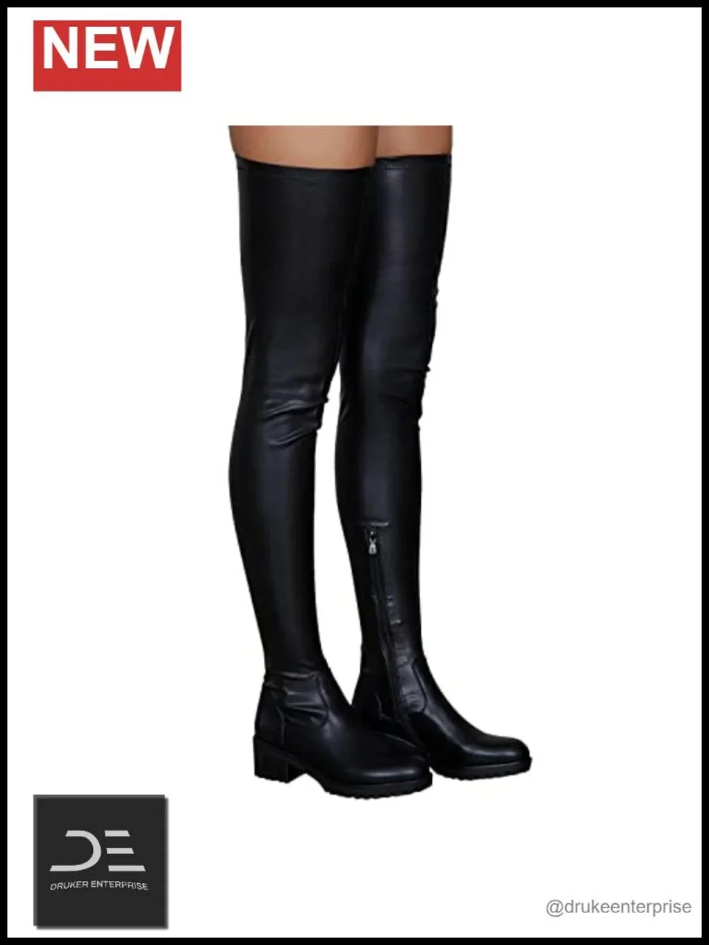 Women's Thigh High Boots Round Toe Low Chunky Heel Side Zipper
